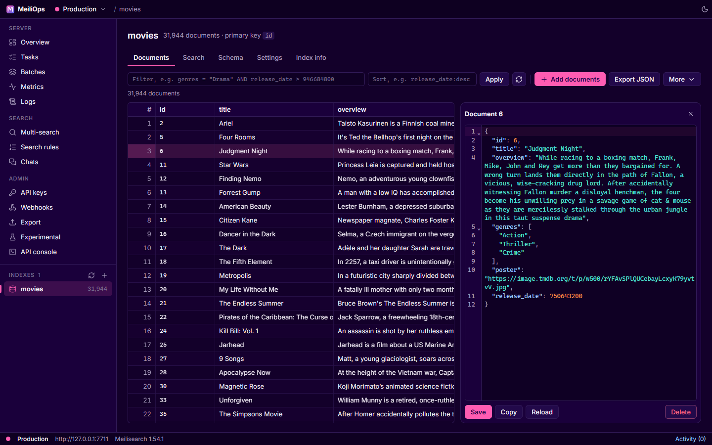 MeiliOps showing the documents grid with a JSON editor