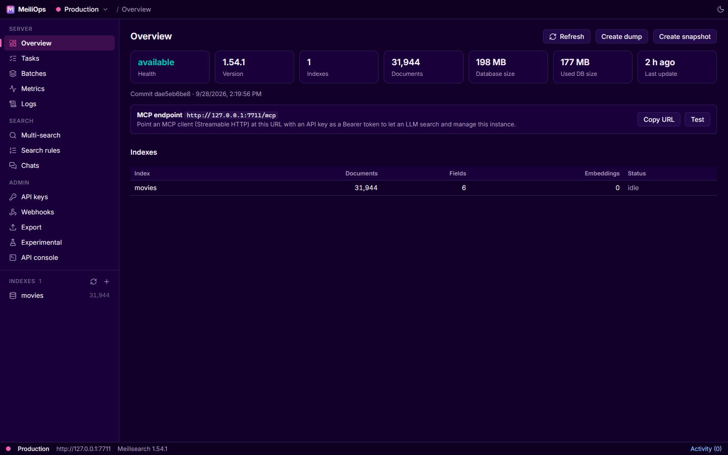 The overview of a connected server