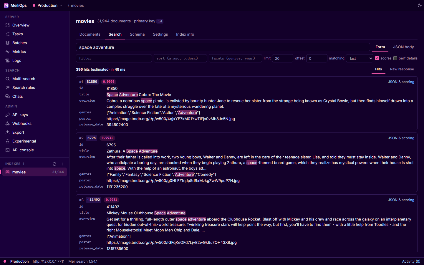 Searching "space adventure" with highlighted matches and ranking scores