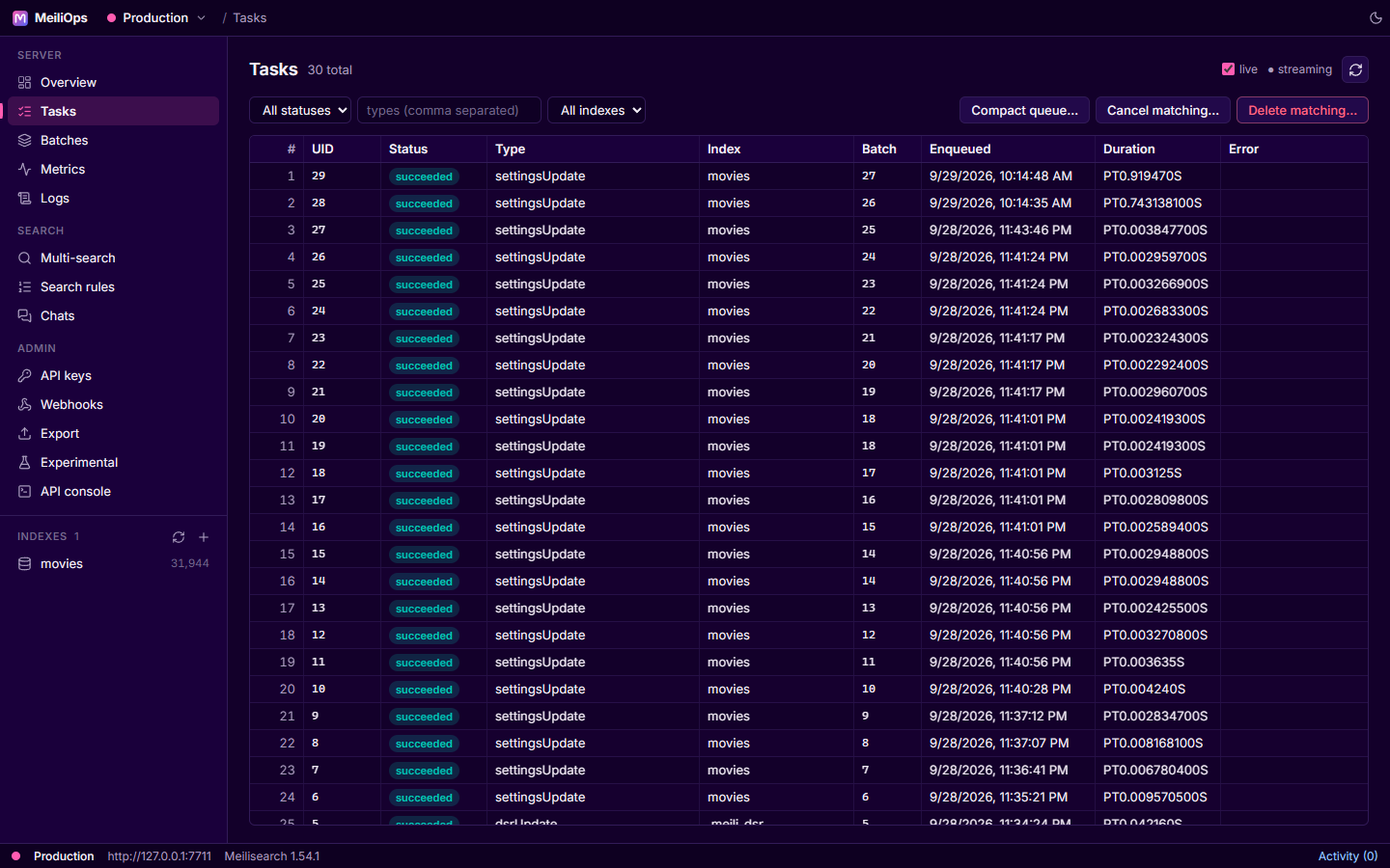 The task list with live updates