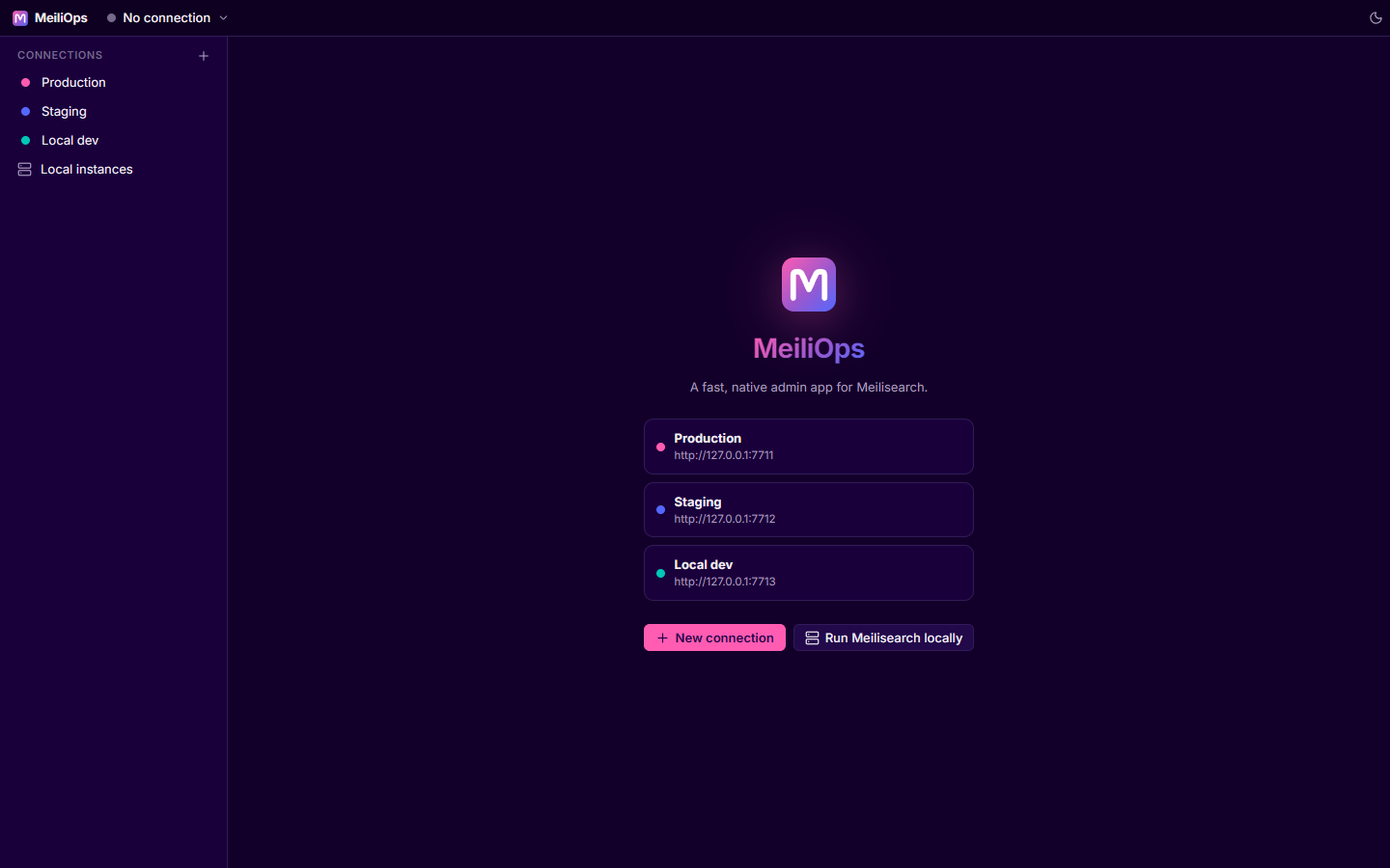 The welcome screen with saved connections